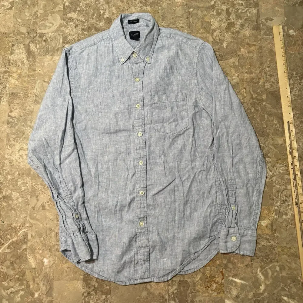J Crew Shirt Mens Small Classic Blue Linen Blend Long Sleeve Button Beach AL174